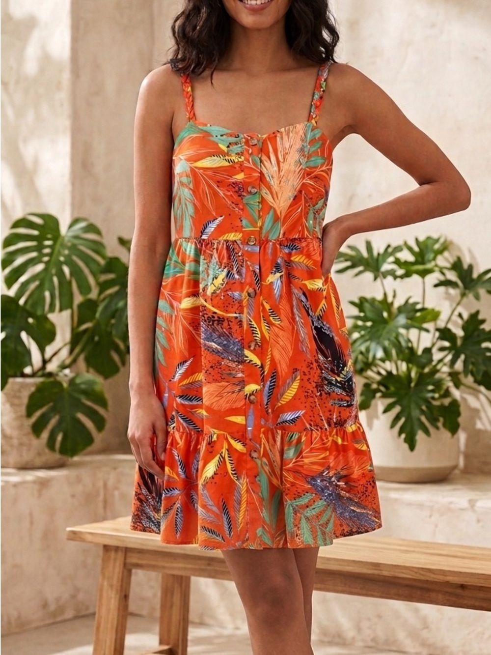 Beach Lunch Lounge Dress XS Tropical Palm Button Front Cotton Linen Sundress
